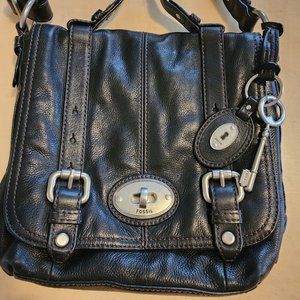 FOSSIL Black Maddox Leather Organizer Crossbody Messenger Traveler